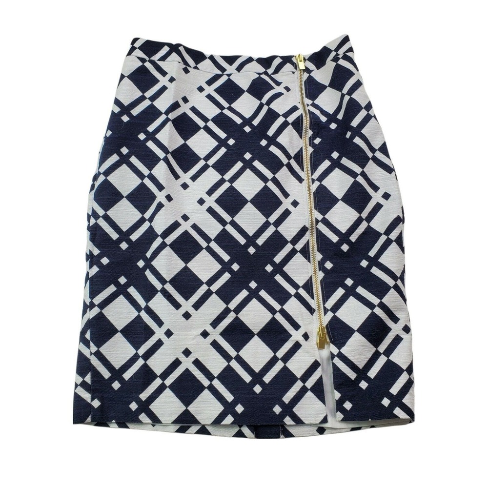 CC - Talbots Women 4P Petite Skirt Navy Blue White Abstract Print Exposed Zipper